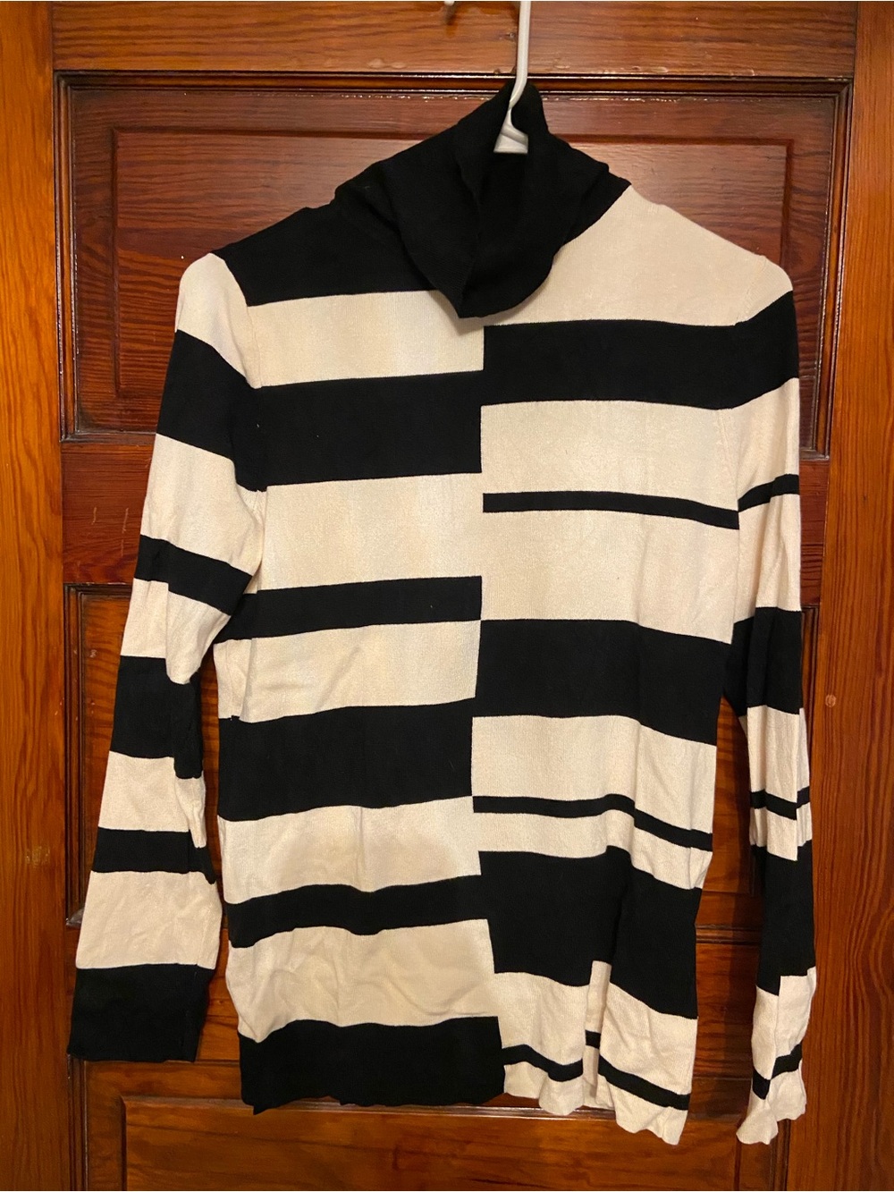 Chico's Black and Cream Geometric Stripe Turtleneck Sweater